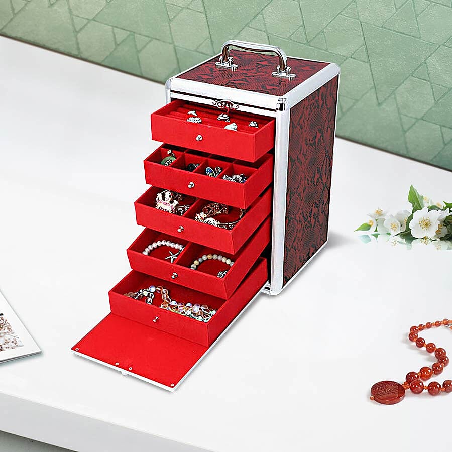 New Arrival- Five Tier Anti-Tarnish Snake Skin Pattern Jewellery Box with Lock and Handle - Burgundy