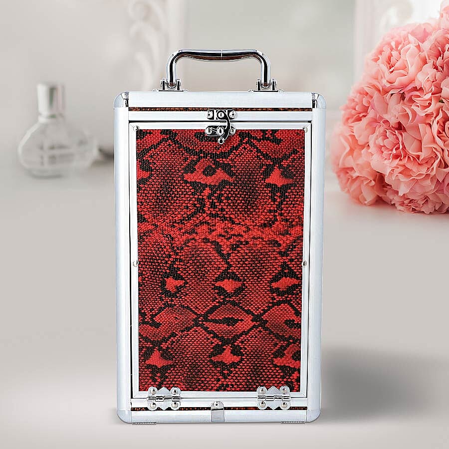 New Arrival- Five Tier Anti-Tarnish Snake Skin Pattern Jewellery Box with Lock and Handle - Burgundy