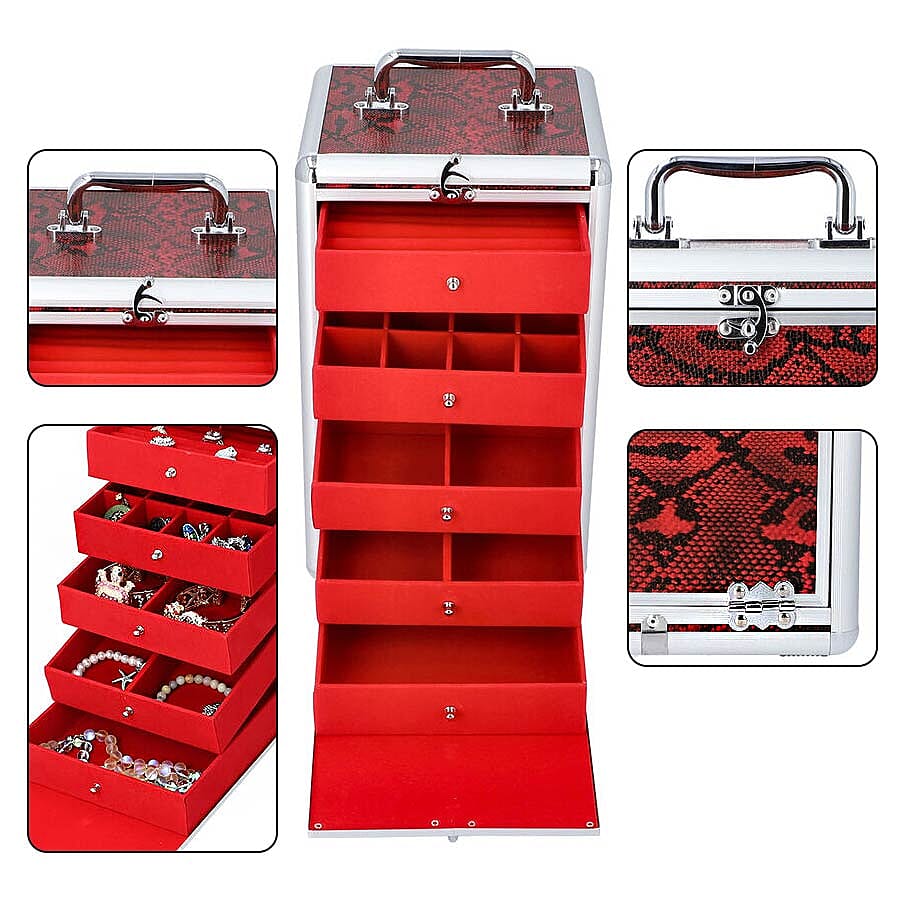 New Arrival- Five Tier Anti-Tarnish Snake Skin Pattern Jewellery Box with Lock and Handle - Burgundy