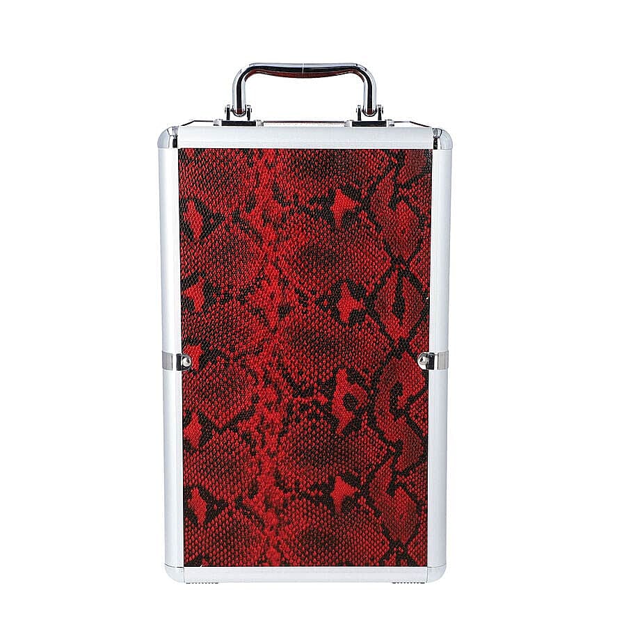 New Arrival- Five Tier Anti-Tarnish Snake Skin Pattern Jewellery Box with Lock and Handle - Burgundy