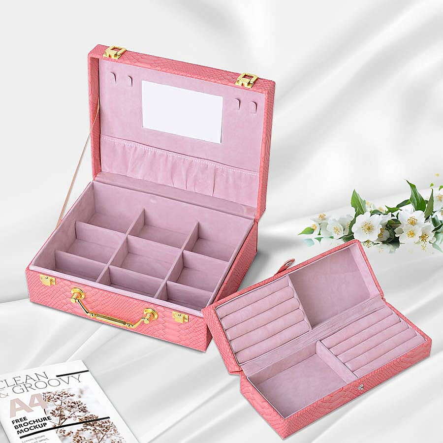 Set of 2 - Multi Purpose Two-Tier Dragon Skin Pattern Jewellery Box in Peach Colour