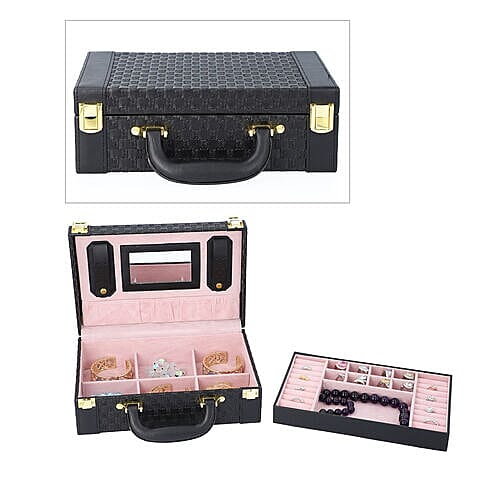 Woven Texture Briefcase Design 2-Layer Jewellery Box in Black