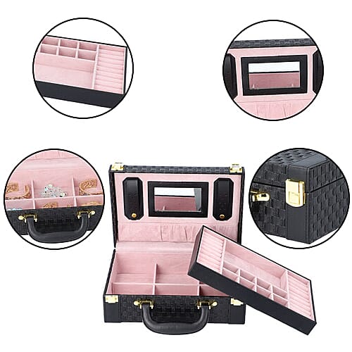 Woven Texture Briefcase Design 2-Layer Jewellery Box in Black