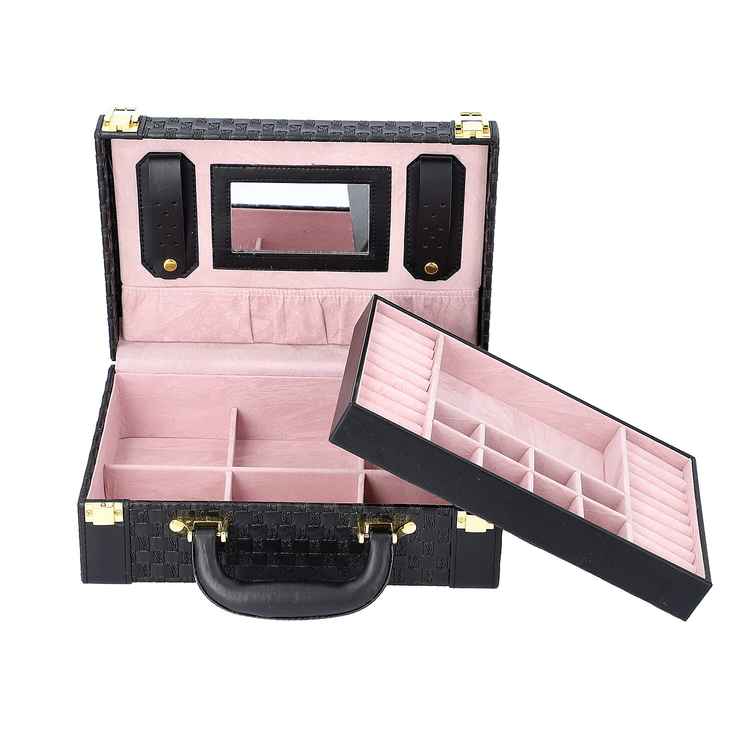 Woven Texture Briefcase Design 2-Layer Jewellery Box in Black