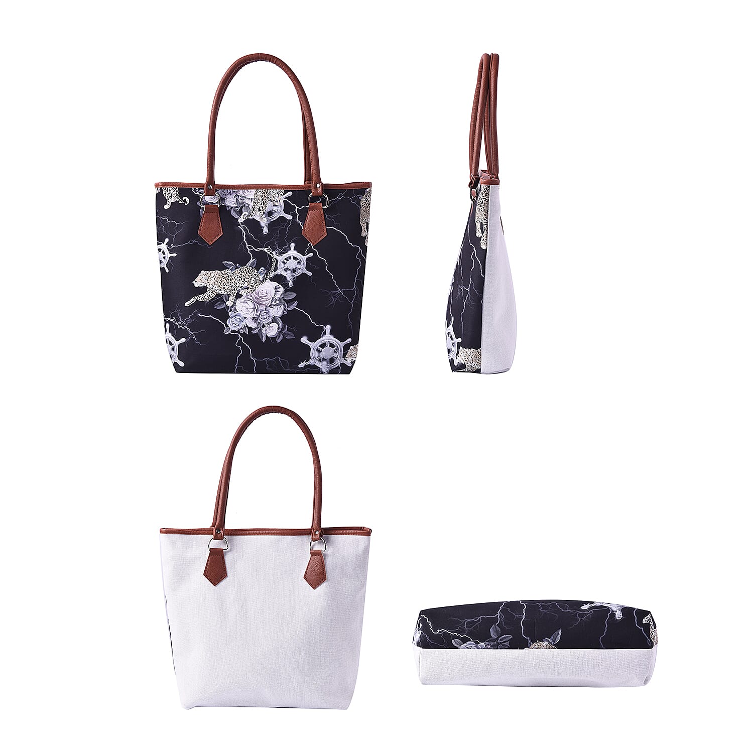 Black Leopard Themed Checker Print Tote Bag (42x11x36cm)