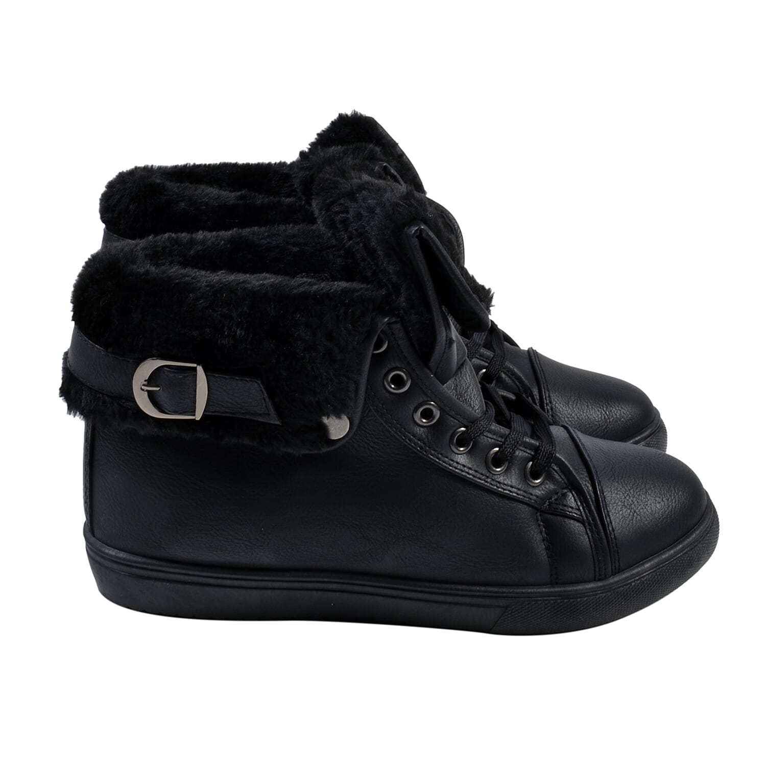 Womens Flat Faux Fur Lined Grip Sole Winter Ankle Boots - Black