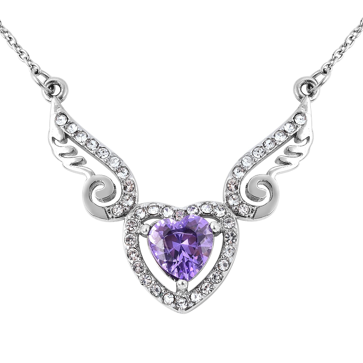 Simulated Amethyst and White Austrian Crystal Necklace (Size 20) in Stainless Steel