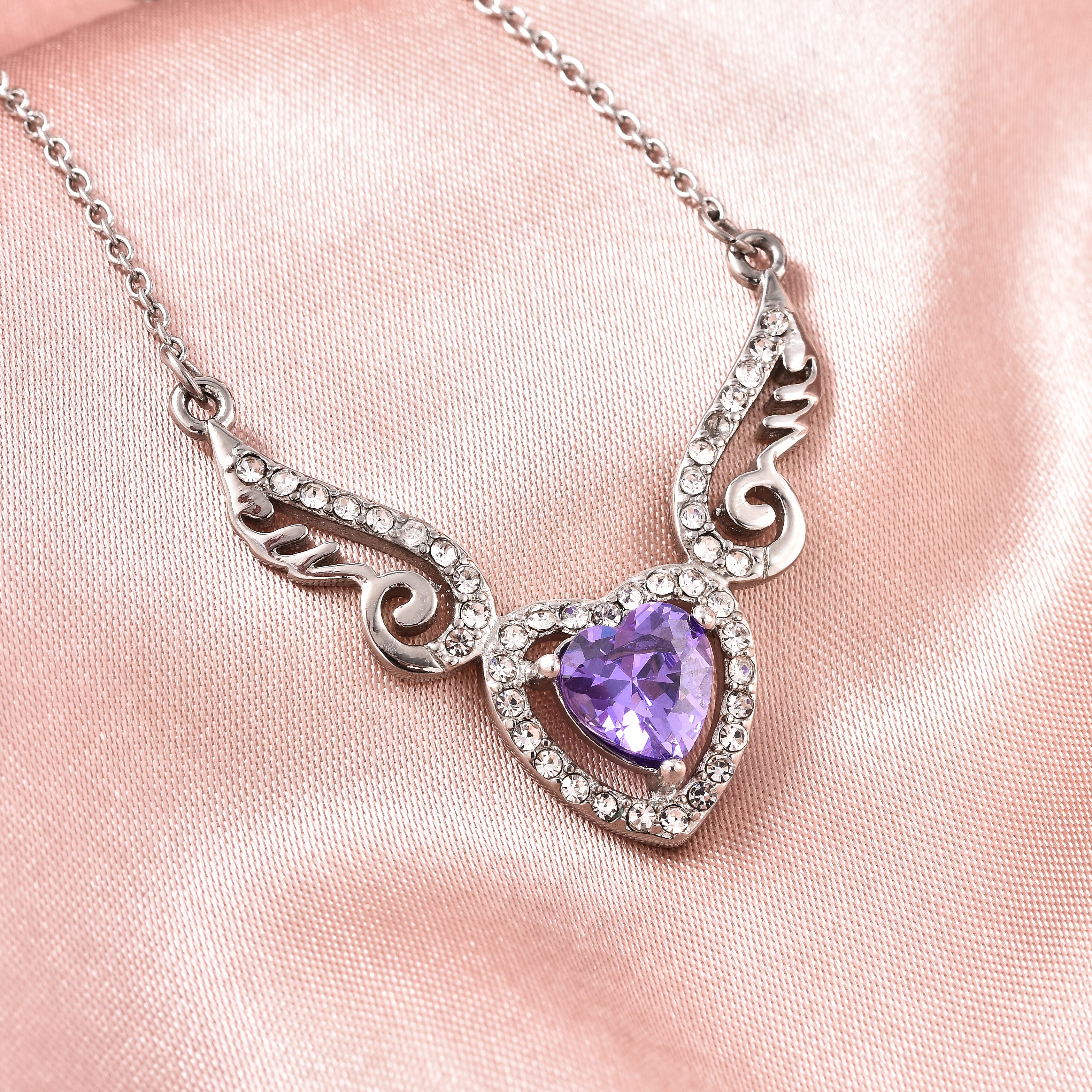 Simulated Amethyst and White Austrian Crystal Necklace (Size 20) in Stainless Steel