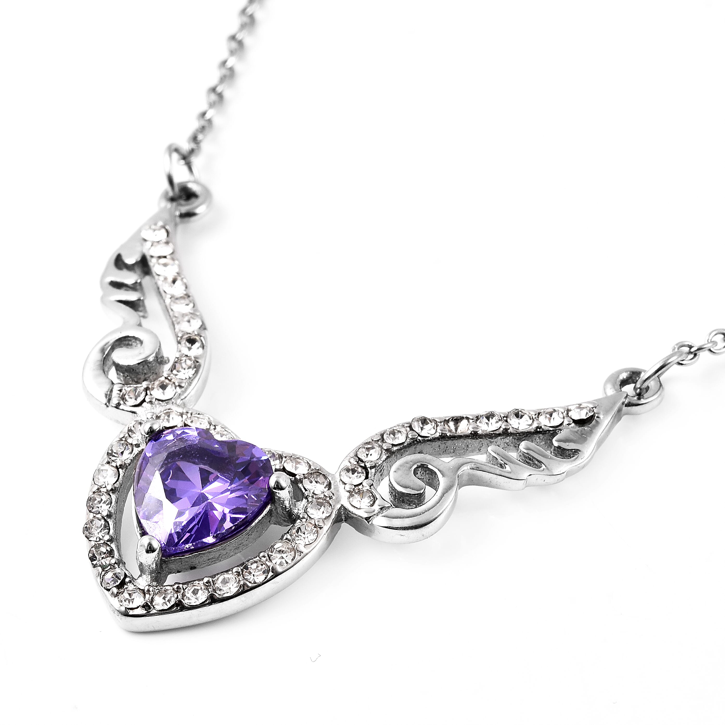 Simulated Amethyst and White Austrian Crystal Necklace (Size 20) in Stainless Steel