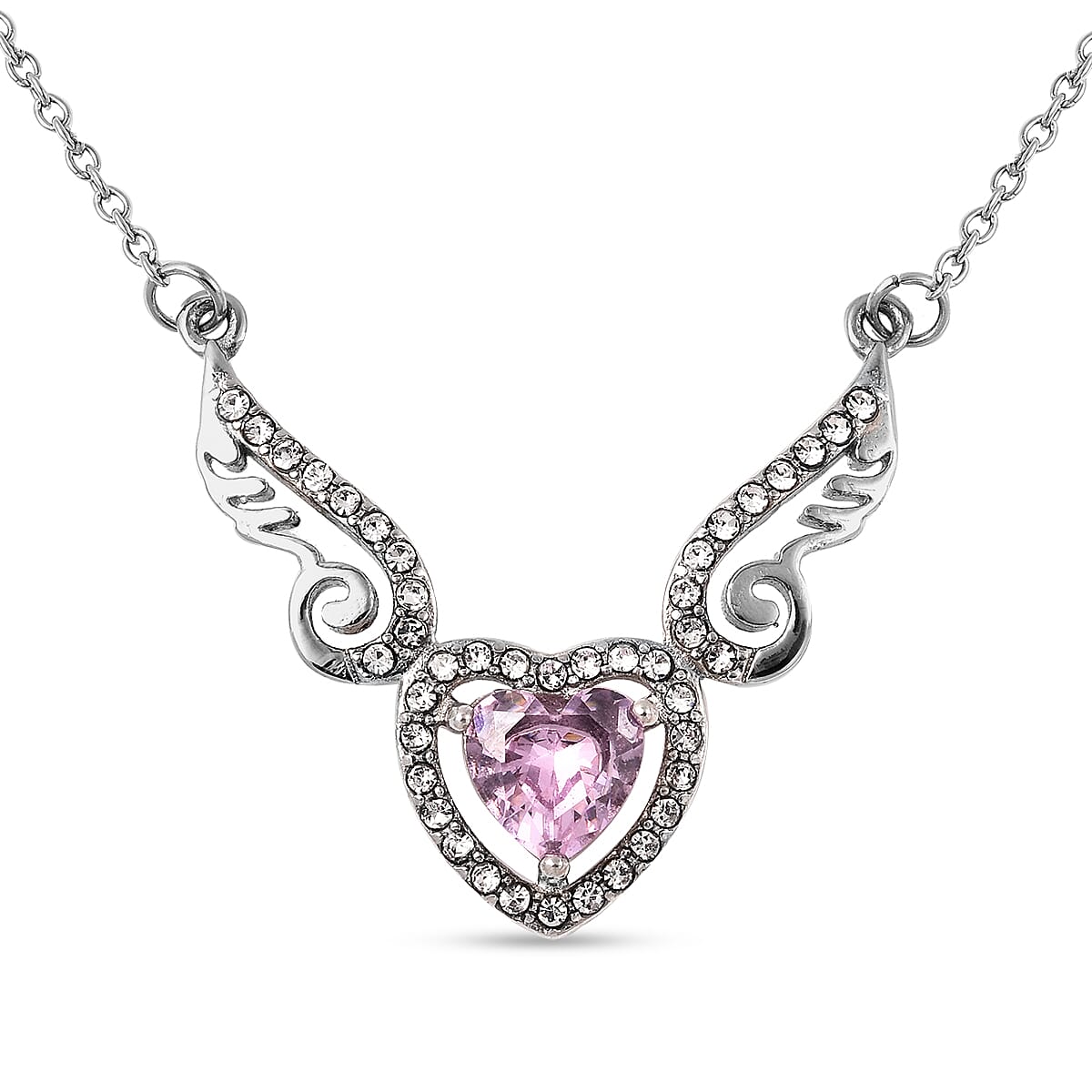 Simulated Pink Topaz and White Austrian Crystal Necklace (Size 20) in Stainless Steel
