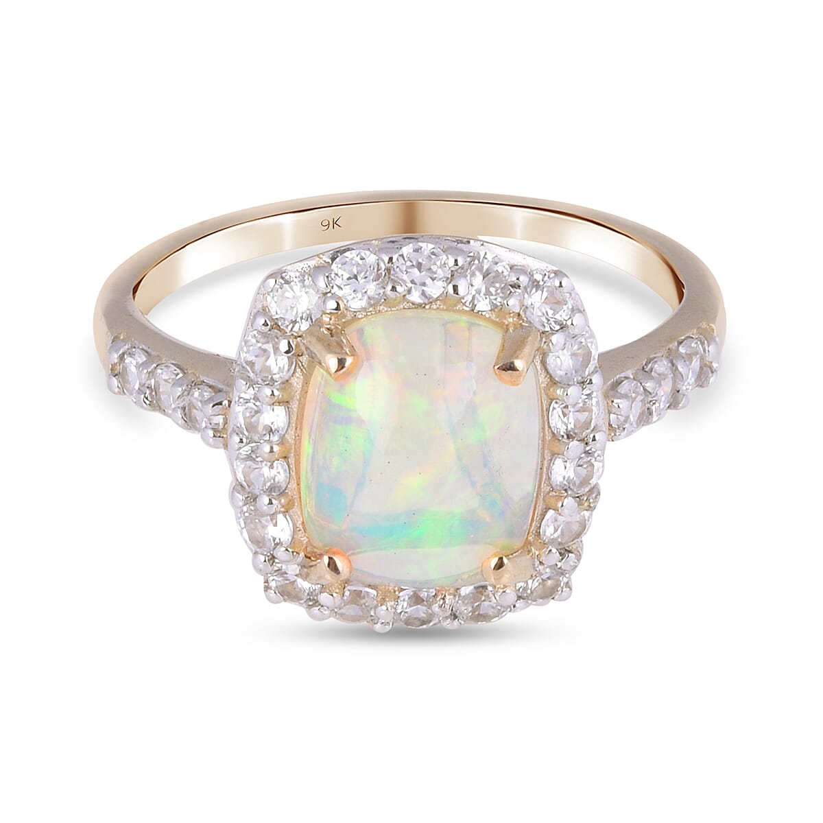 9K Yellow Gold AA Ethiopian Welo Opal (Cush 10x8 mm), Natural Cambodian White Zircon Ring 3.00 Ct.