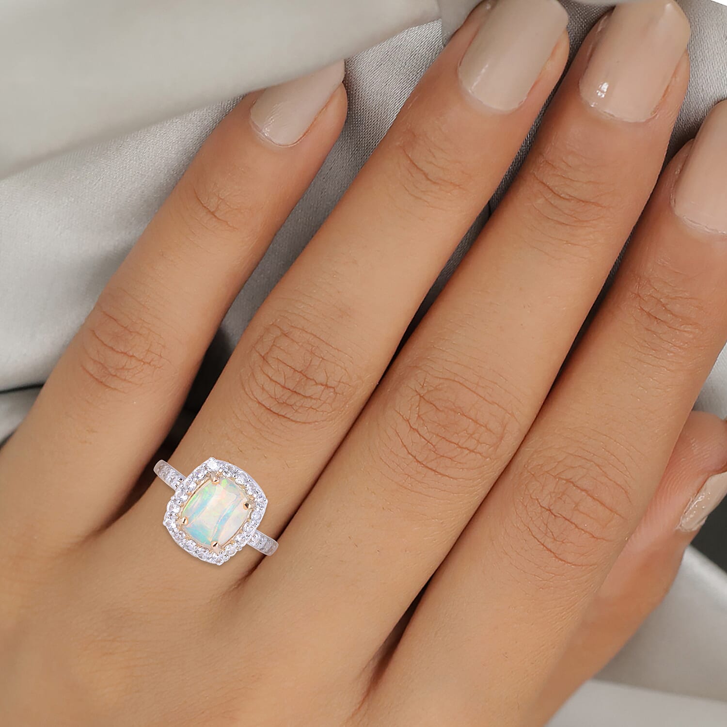 9K Yellow Gold AA Ethiopian Welo Opal (Cush 10x8 mm), Natural Cambodian White Zircon Ring 3.00 Ct.