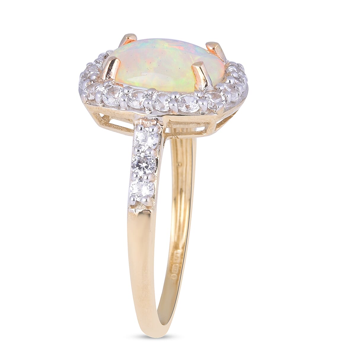 9K Yellow Gold AA Ethiopian Welo Opal (Cush 10x8 mm), Natural Cambodian White Zircon Ring 3.00 Ct.
