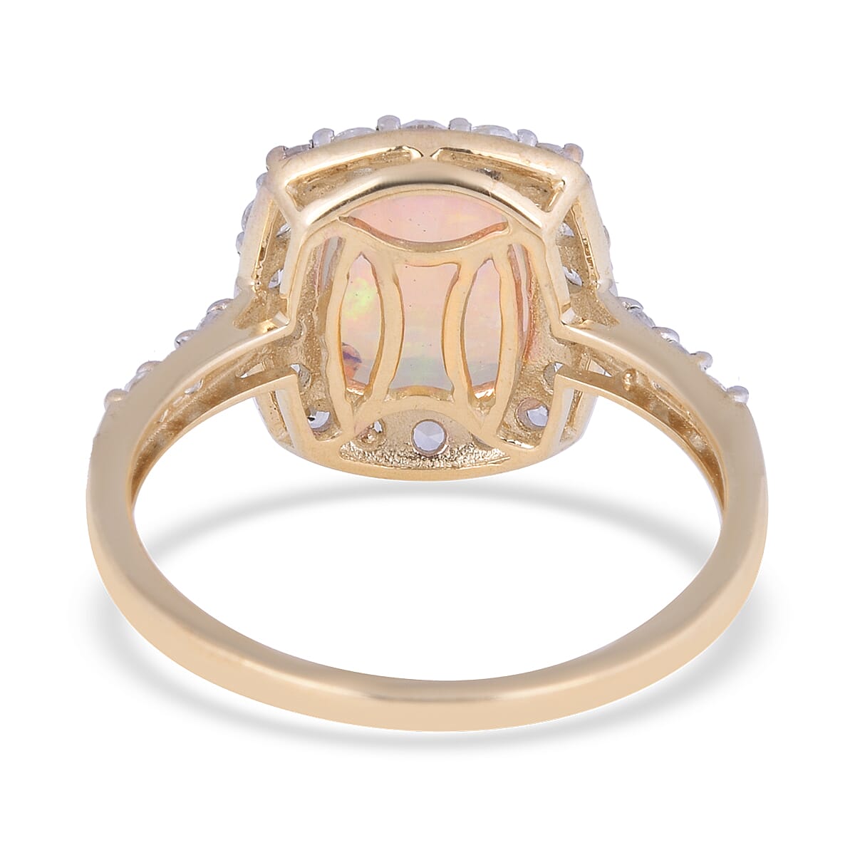 9K Yellow Gold AA Ethiopian Welo Opal (Cush 10x8 mm), Natural Cambodian White Zircon Ring 3.00 Ct.