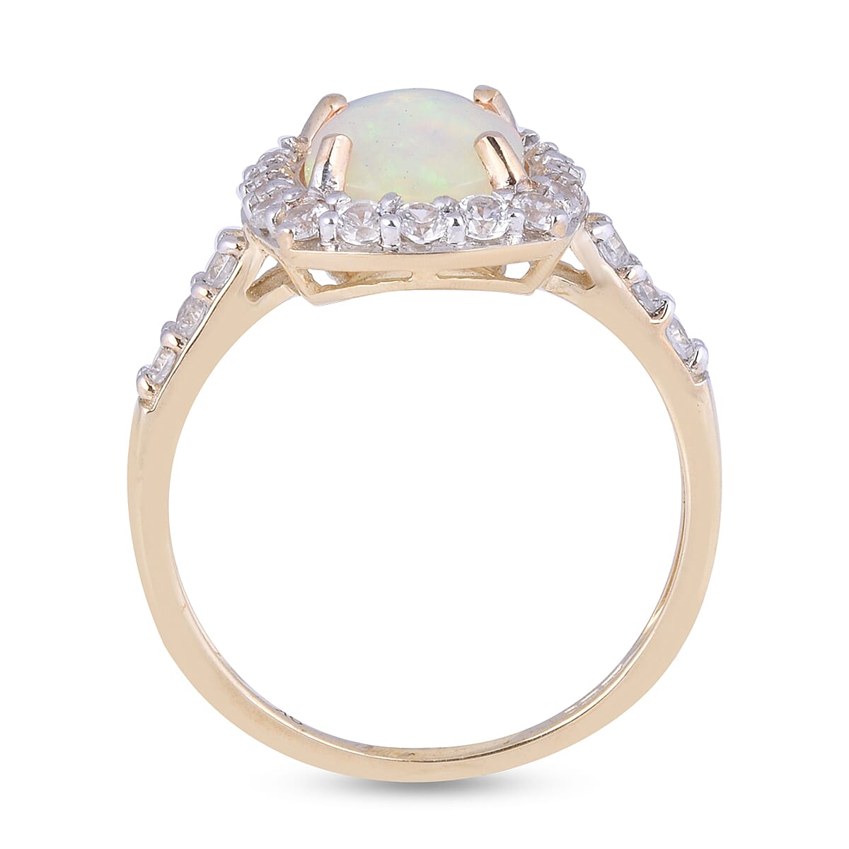 9K Yellow Gold AA Ethiopian Welo Opal (Cush 10x8 mm), Natural Cambodian White Zircon Ring 3.00 Ct.
