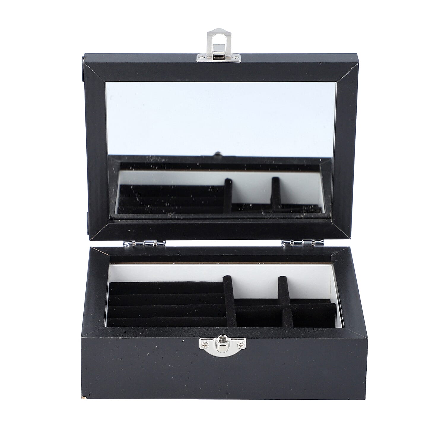Black Colour Jewellery Box with Photo Frame on Top, Mirror Inside and Latch Clip (16x11.5x5.5cm)
