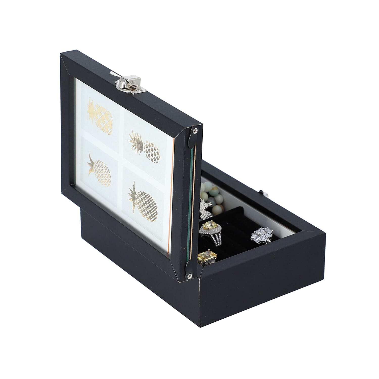 Black Colour Jewellery Box with Photo Frame on Top, Mirror Inside and Latch Clip (16x11.5x5.5cm)