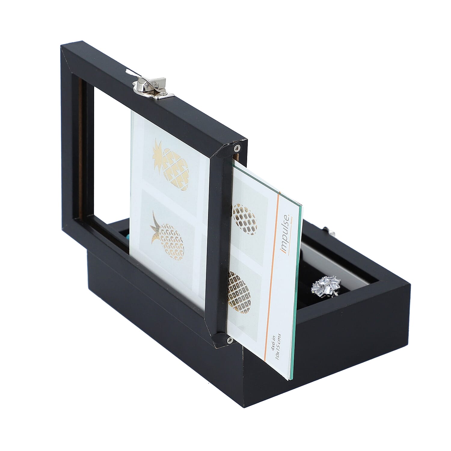 Black Colour Jewellery Box with Photo Frame on Top, Mirror Inside and Latch Clip (16x11.5x5.5cm)