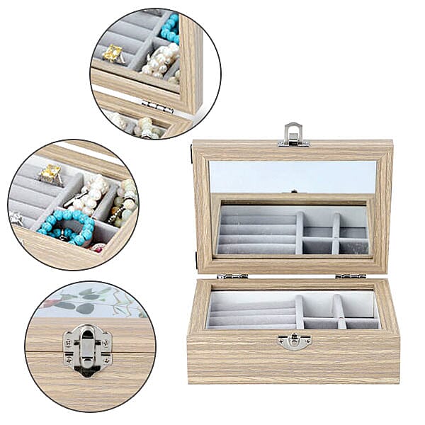 Jewellery Box with Photo Frame on Top, Mirror Inside and Latch Clip (16x11x5cm) - Burlywood