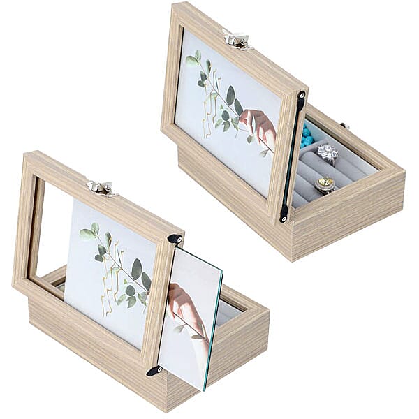 Jewellery Box with Photo Frame on Top, Mirror Inside and Latch Clip (16x11x5cm) - Burlywood