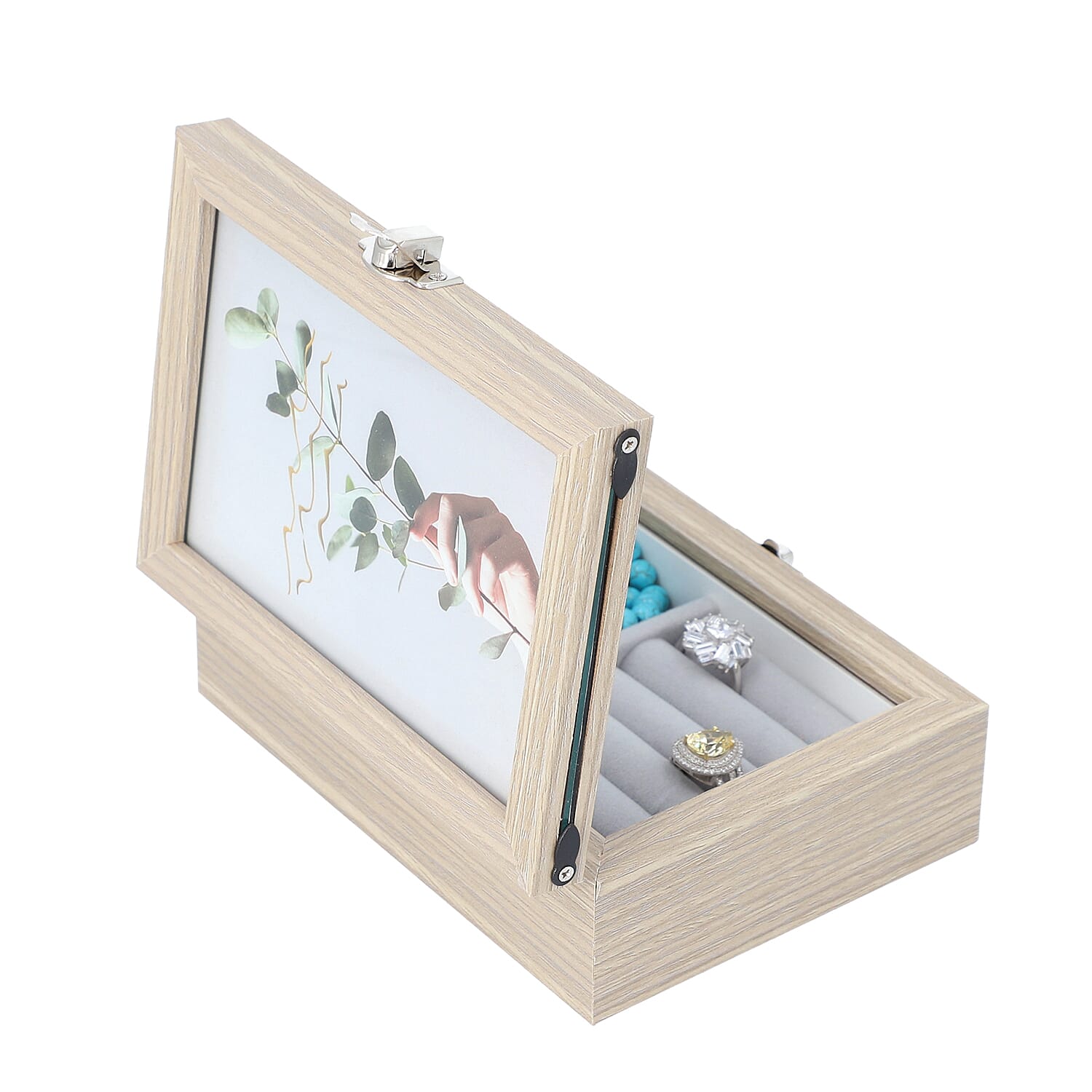 Jewellery Box with Photo Frame on Top, Mirror Inside and Latch Clip (16x11x5cm) - Burlywood