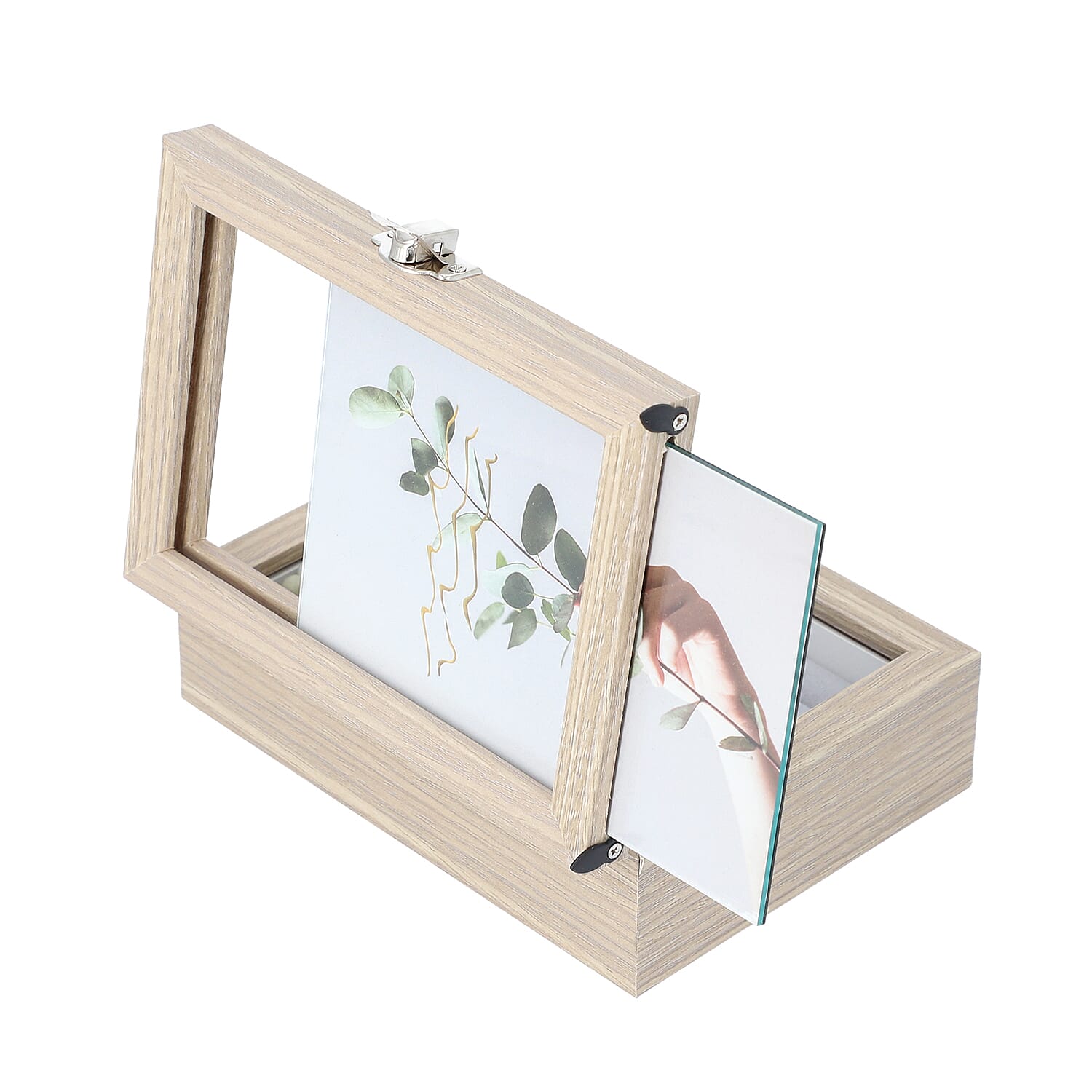 Jewellery Box with Photo Frame on Top, Mirror Inside and Latch Clip (16x11x5cm) - Burlywood