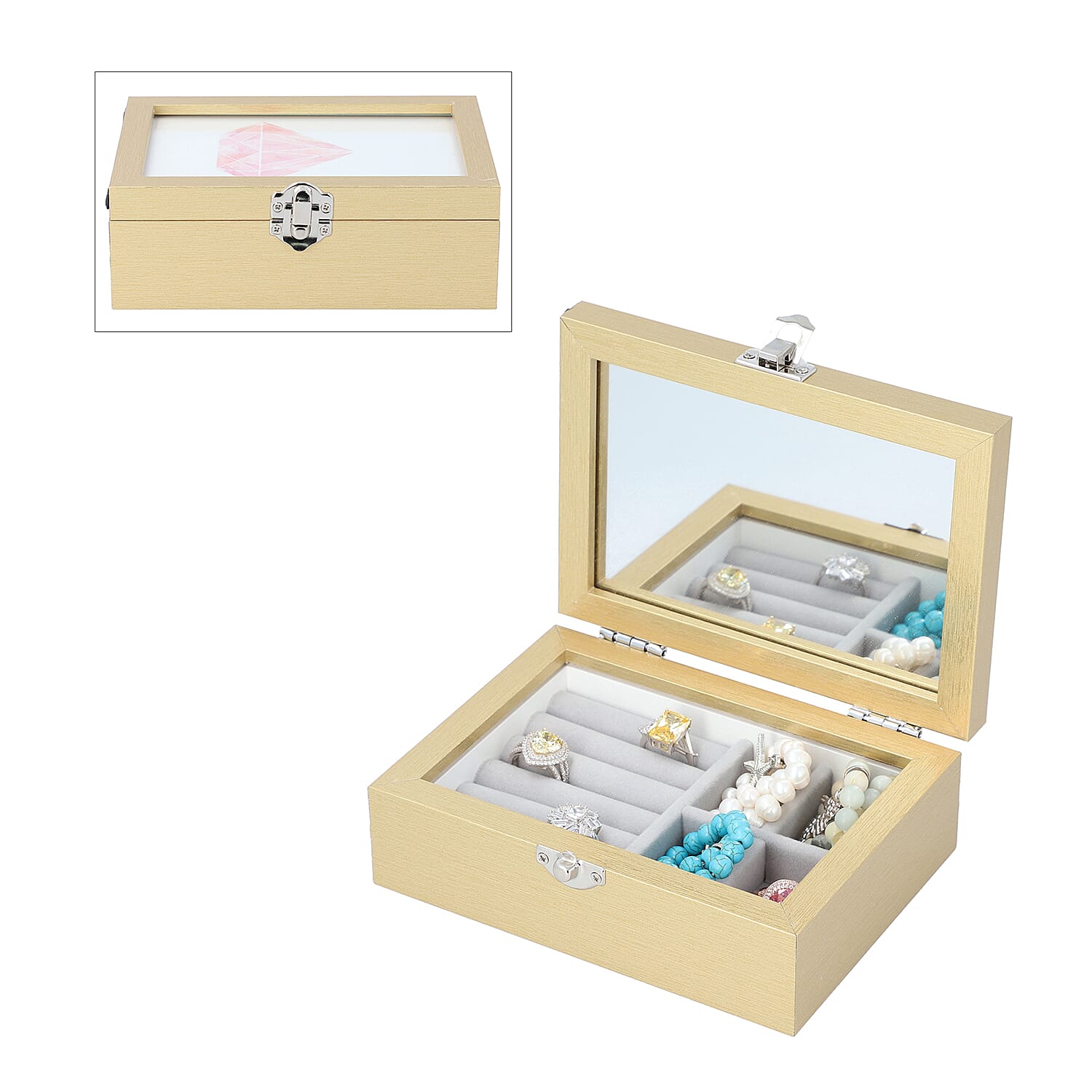 Jewellery Box with Photo Frame on Top, Mirror Inside and Latch Clip (16x11x5cm) - Gold