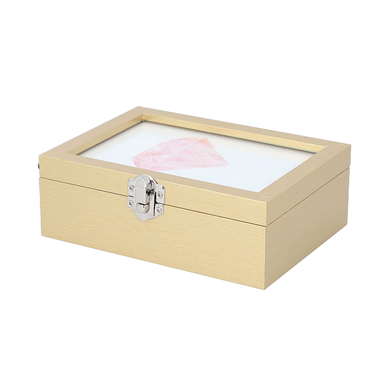 Jewellery Box with Photo Frame on Top, Mirror Inside and Latch Clip (16x11x5cm) - Gold