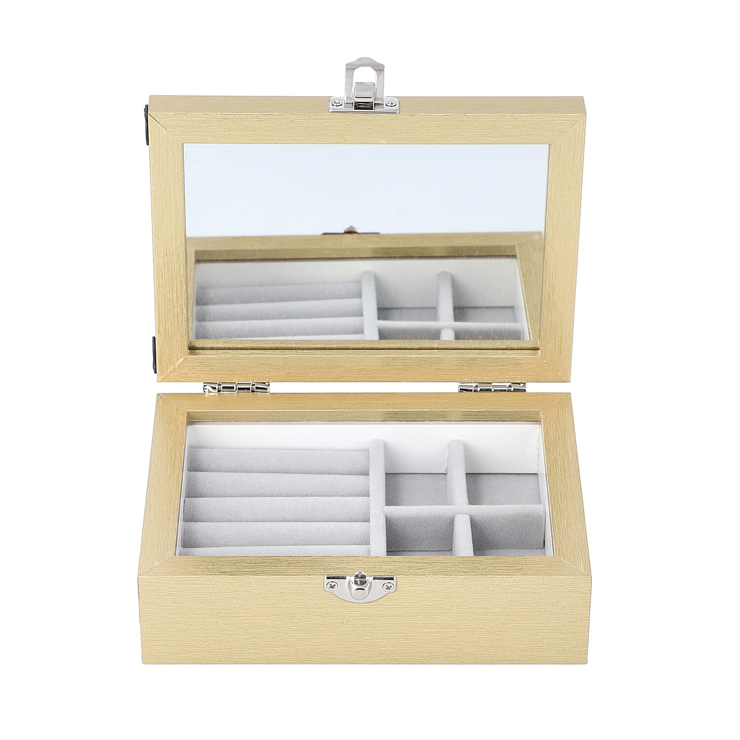 Jewellery Box with Photo Frame on Top, Mirror Inside and Latch Clip (16x11x5cm) - Gold