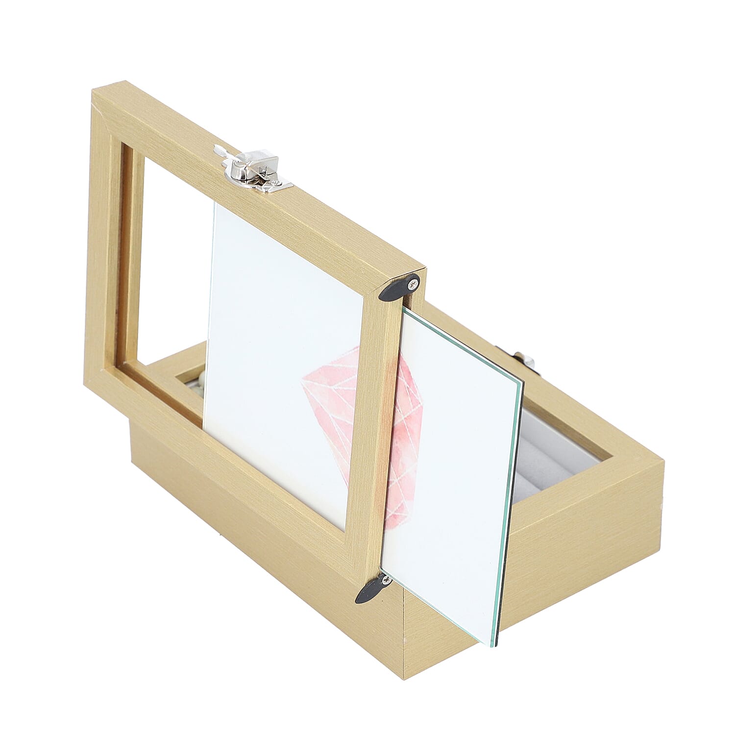 Jewellery Box with Photo Frame on Top, Mirror Inside and Latch Clip (16x11x5cm) - Gold