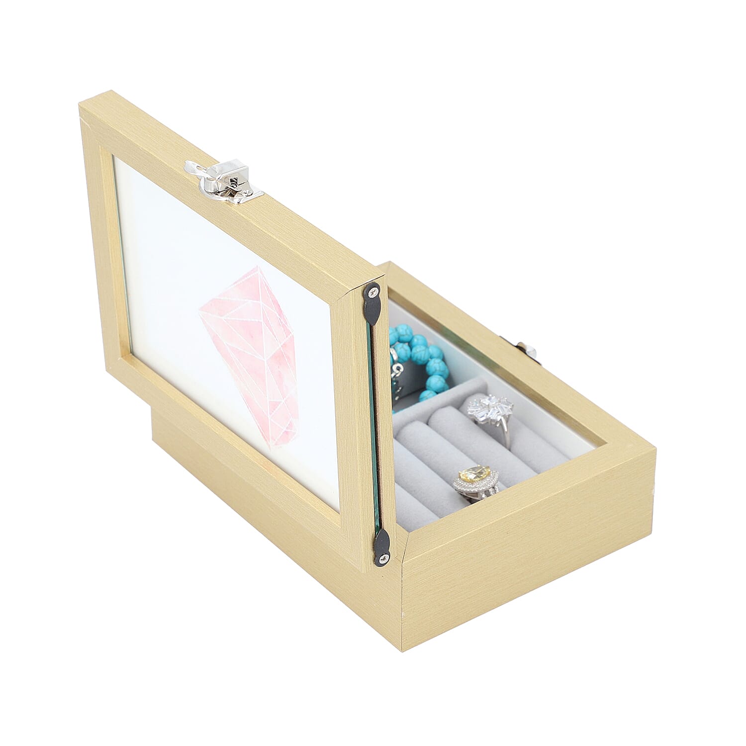 Jewellery Box with Photo Frame on Top, Mirror Inside and Latch Clip (16x11x5cm) - Gold