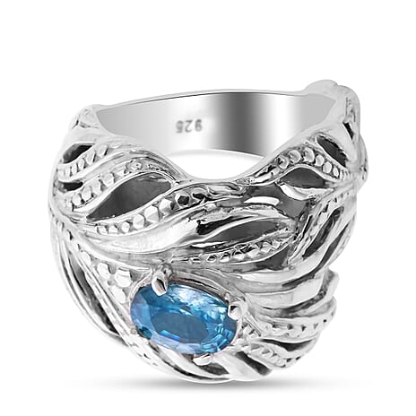 Ratanakiri Blue Zircon Feather Design Ring in Sterling Silver 2.77 Ct, Silver wt 16.40 Gms