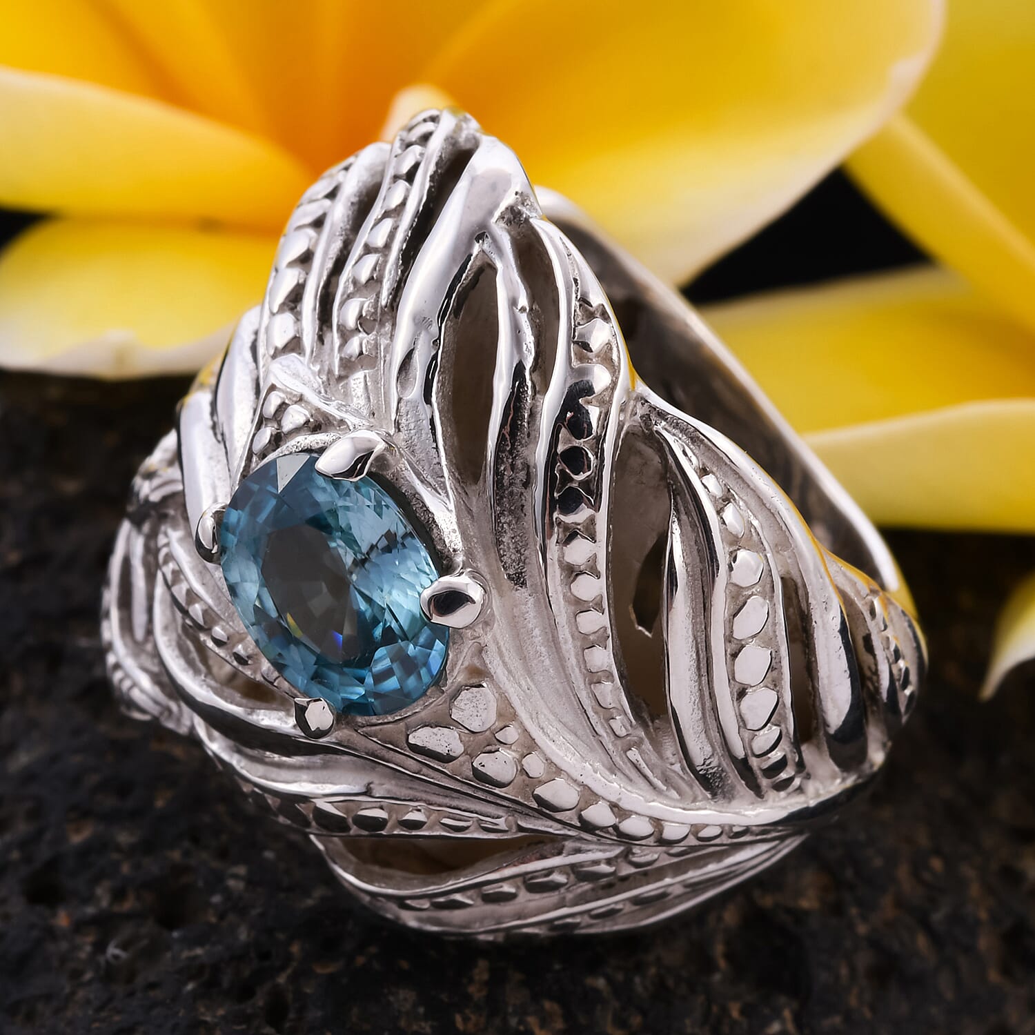 Ratanakiri Blue Zircon Feather Design Ring in Sterling Silver 2.77 Ct, Silver wt 16.40 Gms