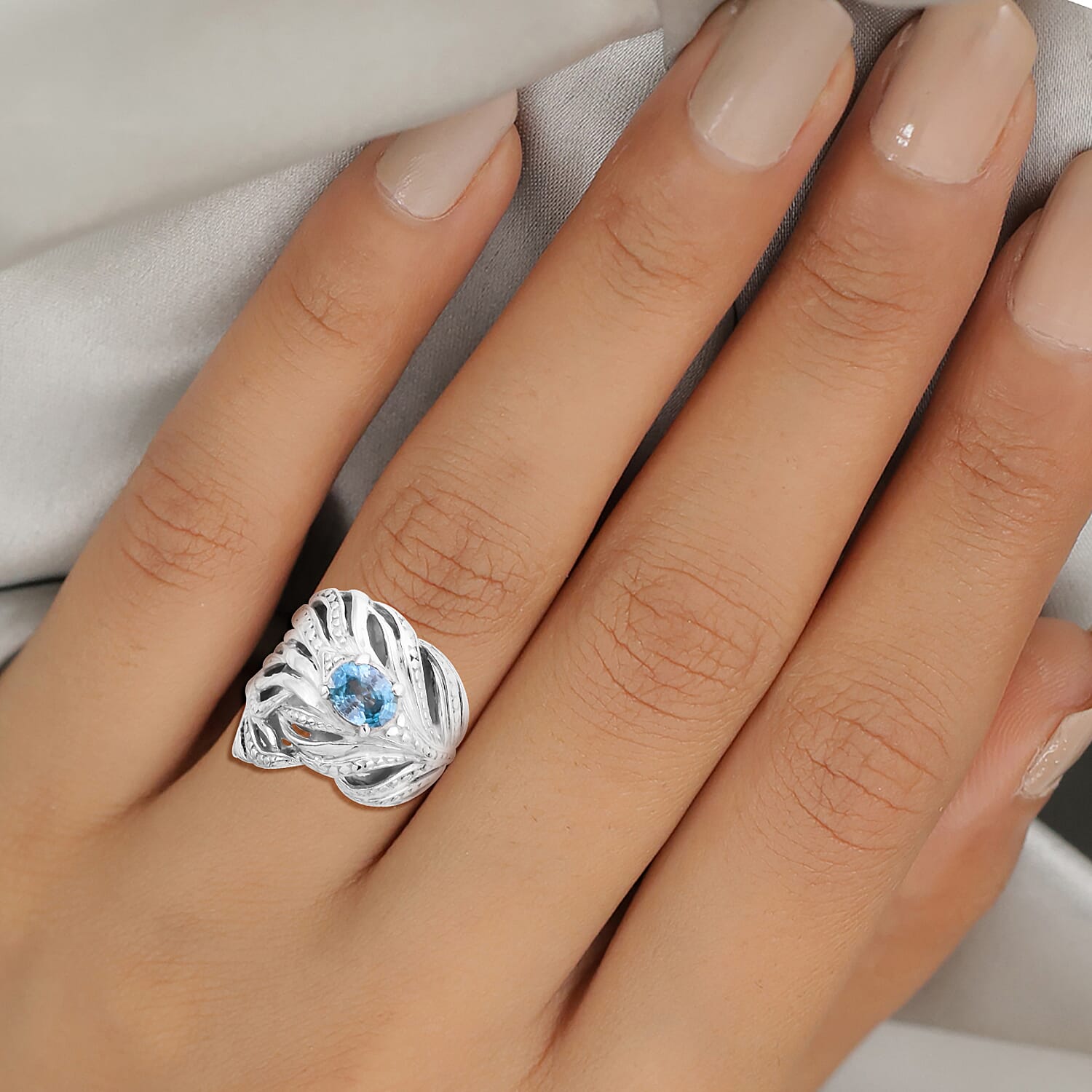 Ratanakiri Blue Zircon Feather Design Ring in Sterling Silver 2.77 Ct, Silver wt 16.40 Gms