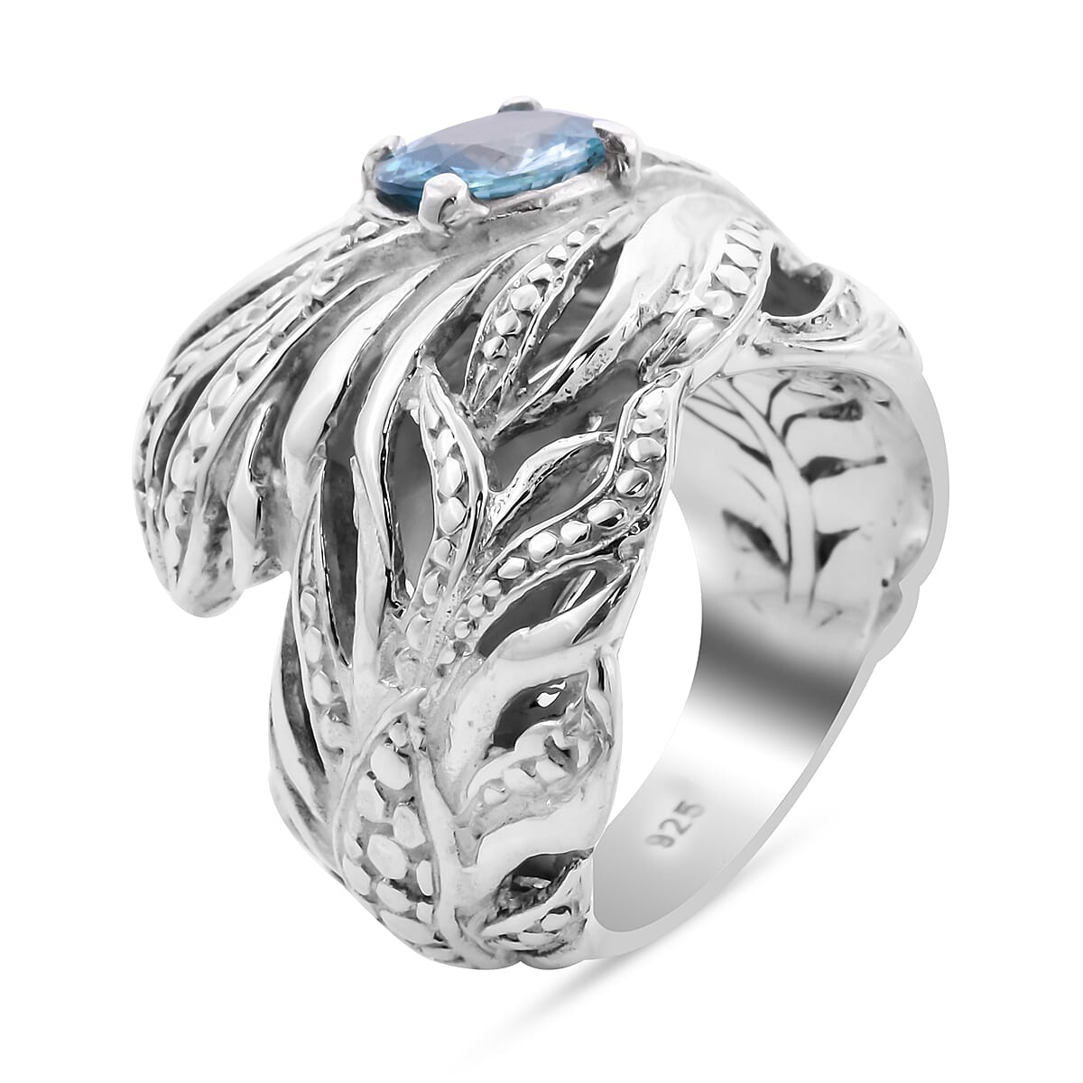 Ratanakiri Blue Zircon Feather Design Ring in Sterling Silver 2.77 Ct, Silver wt 16.40 Gms