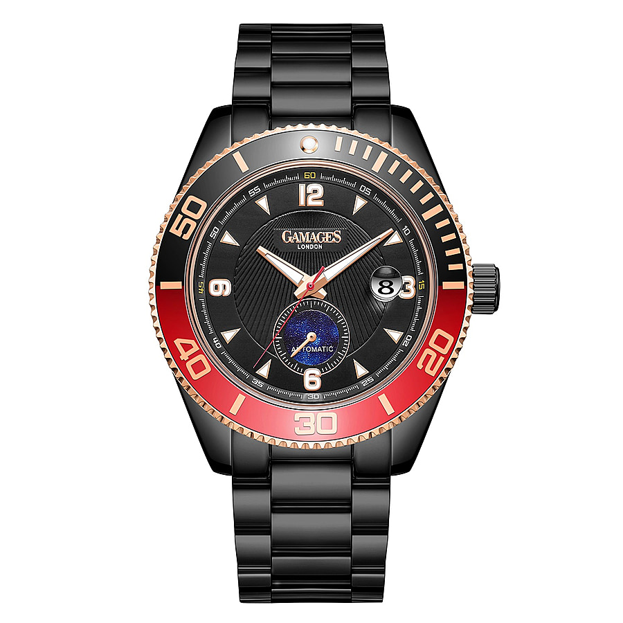 GAMAGES OF LONDON Vibrant Sports Automatic Movement Black Dial Water Resistant Watch with Black Colour Chain Strap