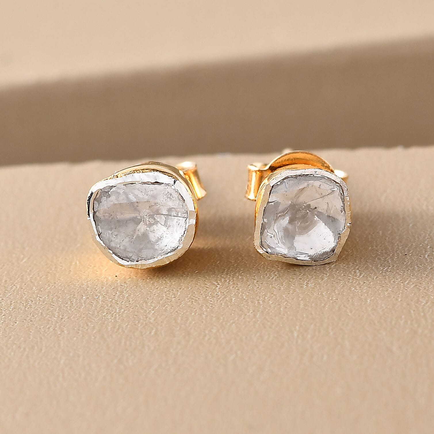 Artisan Crafted Polki Diamond Stud Earrings (with Push Back) in Yellow Gold Overlay Sterling Silver 0.25 Ct.