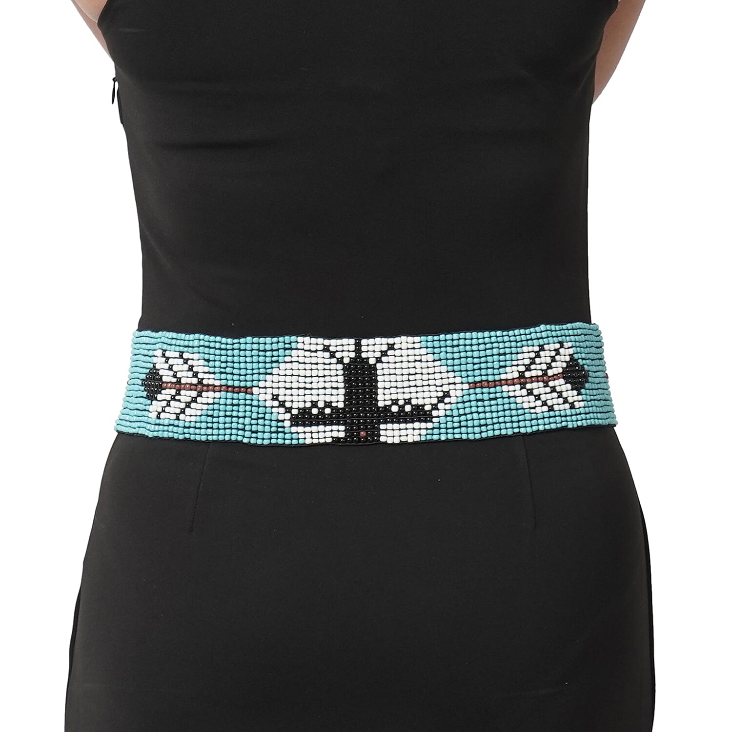 Handmade Stretchable Seed Bead Belt in Wooden Buckle- Multi & Turquoise