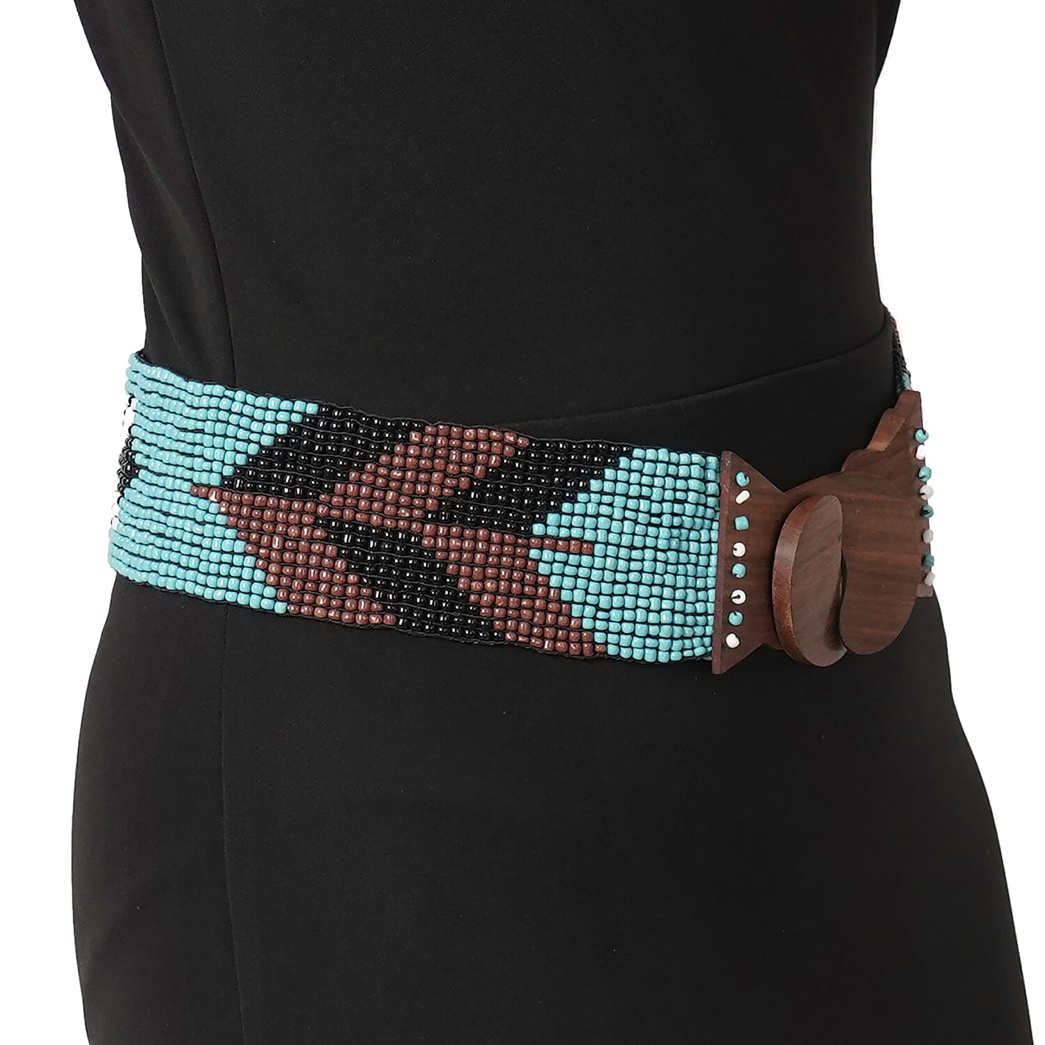 Handmade Stretchable Seed Bead Belt in Wooden Buckle- Multi & Turquoise