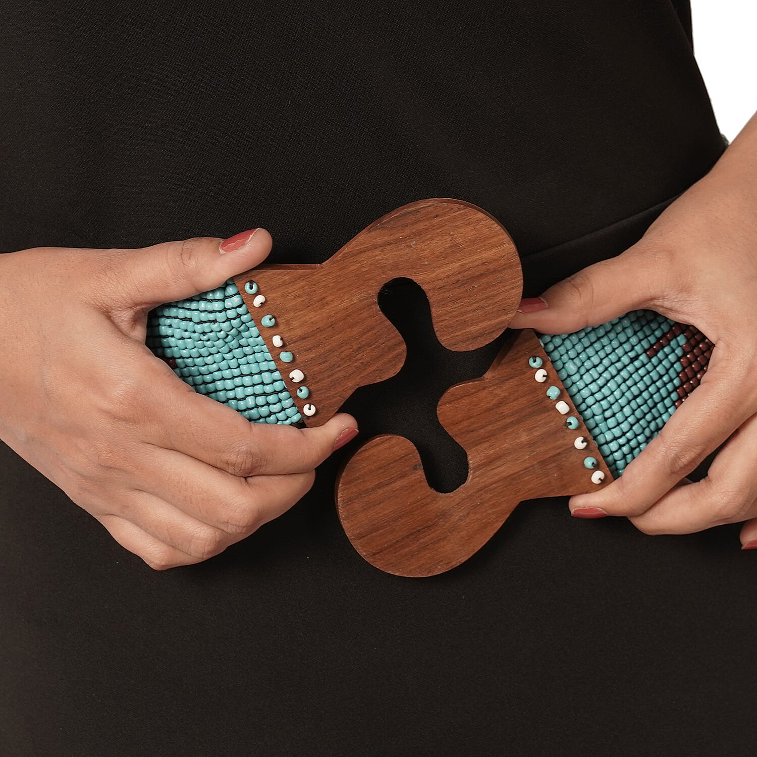 Handmade Stretchable Seed Bead Belt in Wooden Buckle- Multi & Turquoise