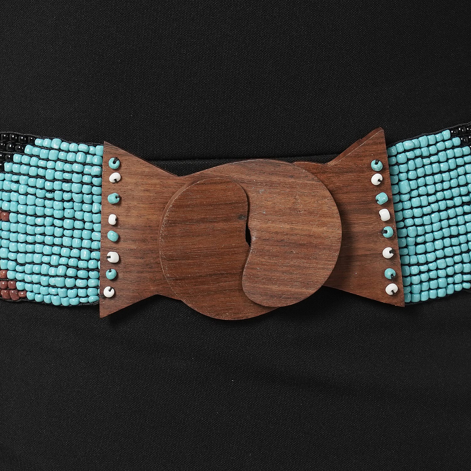 Handmade Stretchable Seed Bead Belt in Wooden Buckle- Multi & Turquoise
