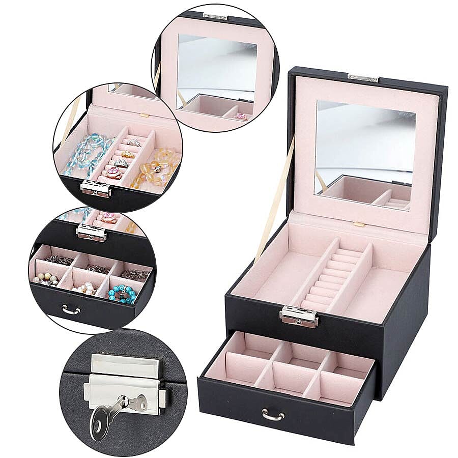 Two Layer Jewellery Box with Extendable Mirror in Black