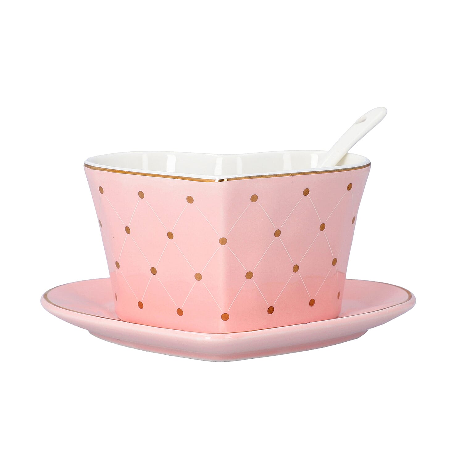 Love Theme Heart Shaped Cup Set with Saucer and Spoon in Pink and Gold Tone