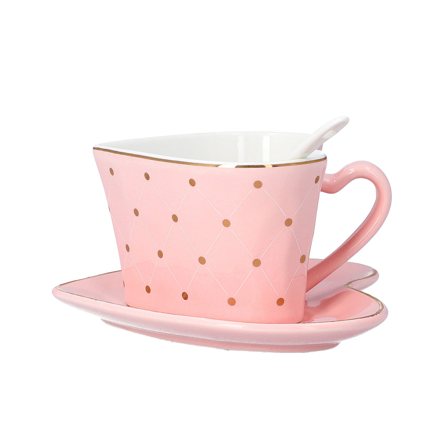Love Theme Heart Shaped Cup Set with Saucer and Spoon in Pink and Gold Tone