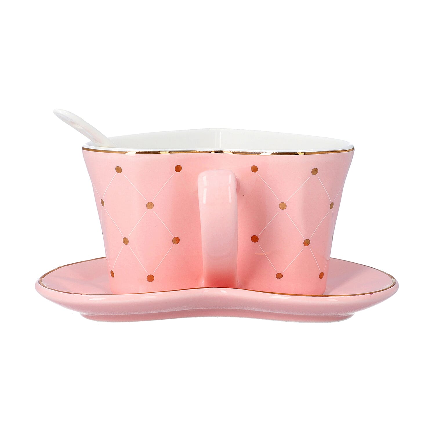 Love Theme Heart Shaped Cup Set with Saucer and Spoon in Pink and Gold Tone