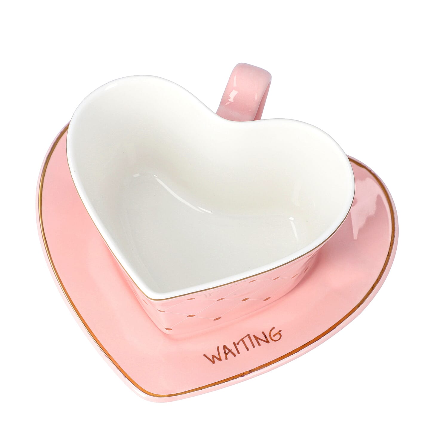Love Theme Heart Shaped Cup Set with Saucer and Spoon in Pink and Gold Tone