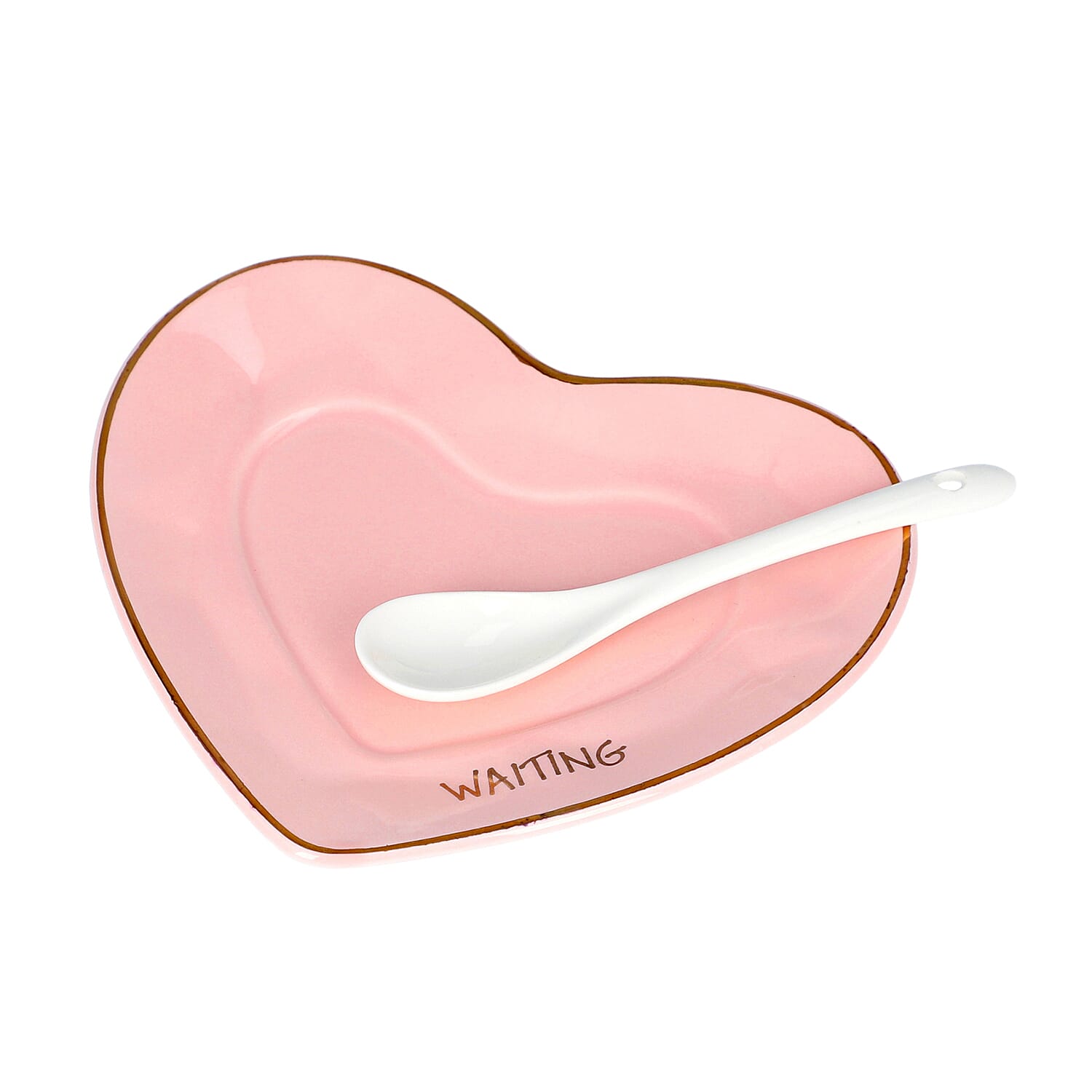 Love Theme Heart Shaped Cup Set with Saucer and Spoon in Pink and Gold Tone