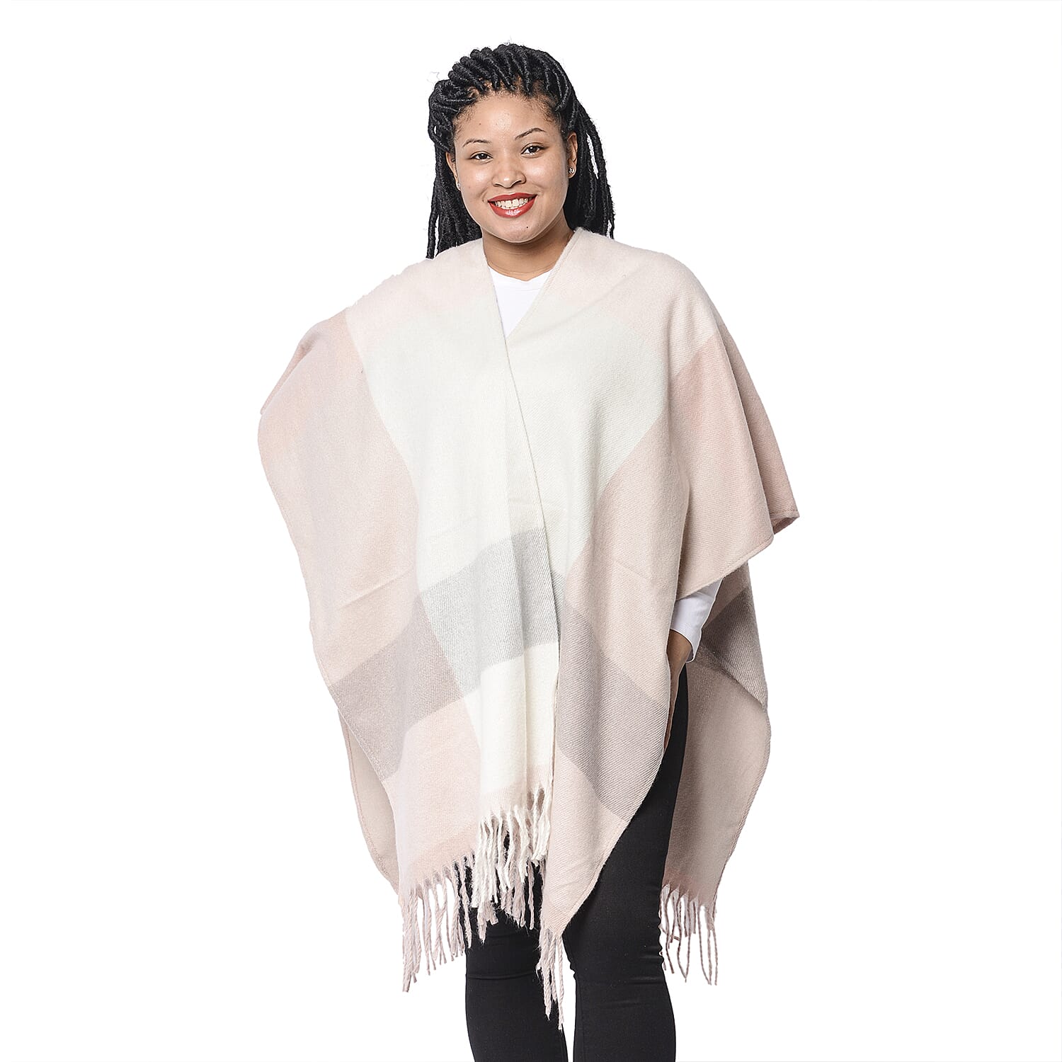 Checker Pattern Kimono with Tassel Hem in Pink, White and Grey (110x80x10cm)