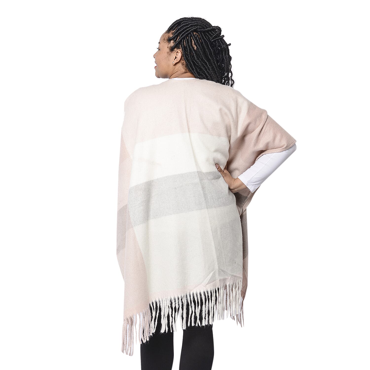 Checker Pattern Kimono with Tassel Hem in Pink, White and Grey (110x80x10cm)