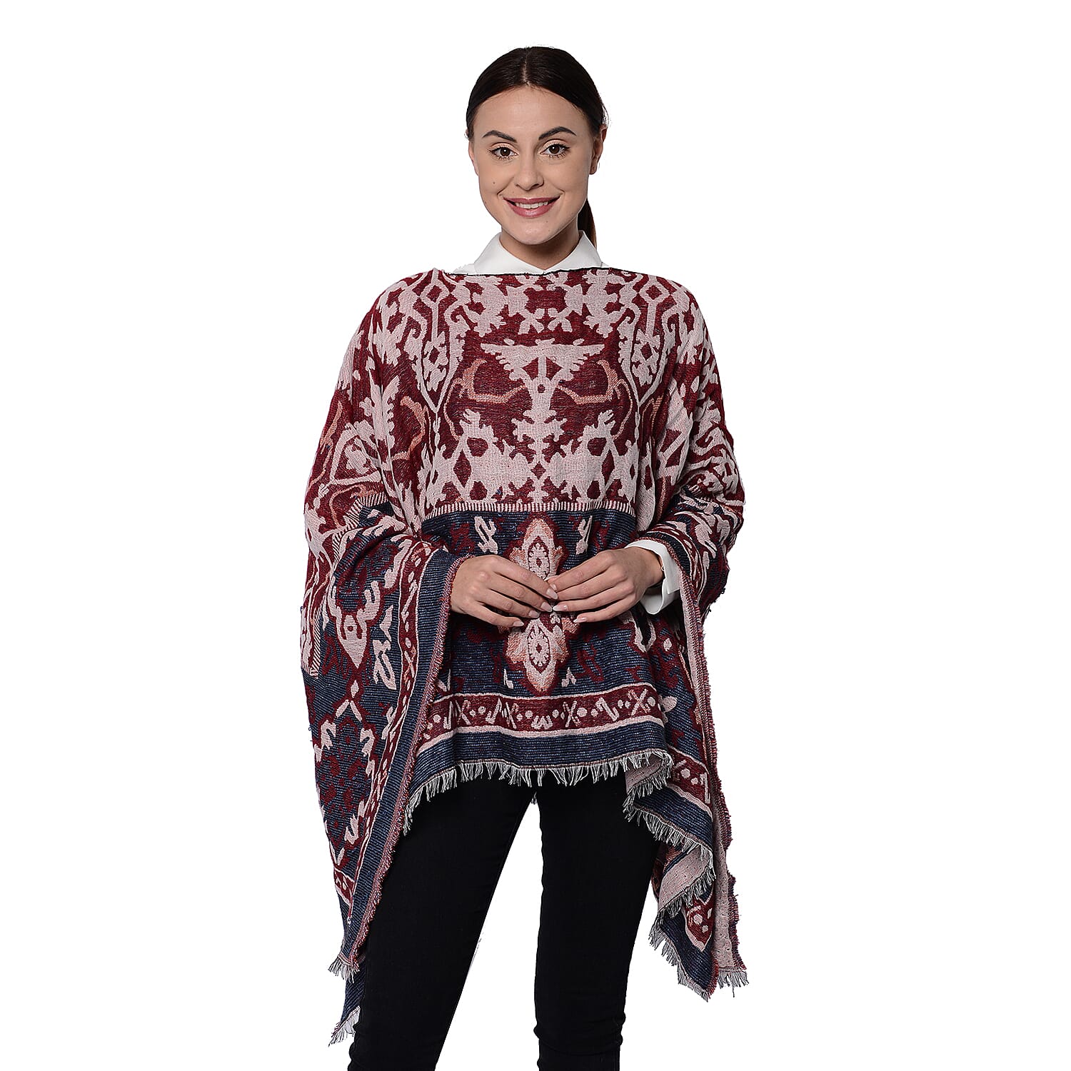 Bohemian Style  Poncho with Jacquard Pattern in Burgundy (140x65cm)